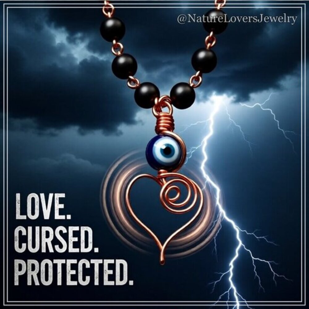 Handmade & Unique! Wire Wrapped Heart Necklace ~ Black Stone + Copper ~ Evil Eye